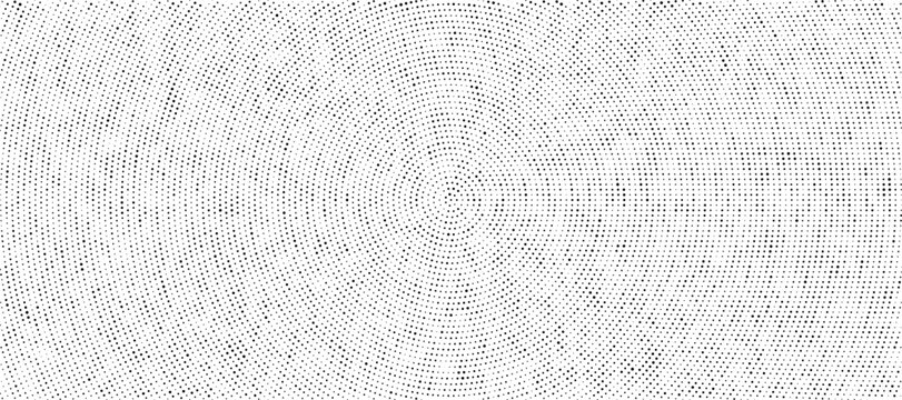 Black halftone concentric circle texture. Rippled repeating sound wave ring wallpaper. Dotted radial gradient background. Vector rasterized backdrop for vibration, epicenter, target, radar signal