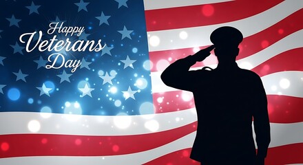 Silhouette of a soldier saluting against a patriotic veterans day backdrop
