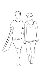 One continuous line drawing on white isolated background. Minimalism linear illustration. person, man, sport, surfboard, summer, surf, woman, vacation, ocean, sea