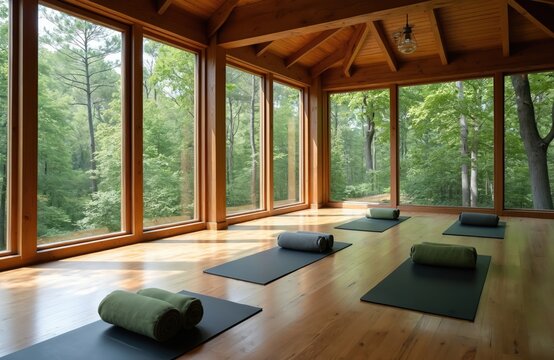 Empty yoga studio with large windows facing a rich forest. Mats and bolsters are laid out on the polished wooden floor, ready for practice. This tranquil space invites calm and focused sessions.