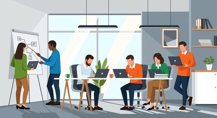 Diverse Team Collaborating on Project with Whiteboard and Laptops in Office