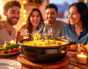 Friends sharing cheese fondue dinner at home