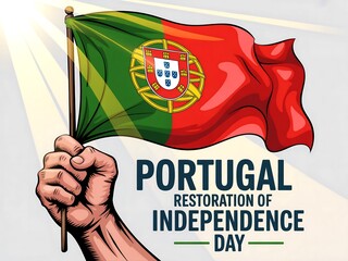 Fist holding the waving flag of portugal celebrating restoration of independence day with bright sunbeams