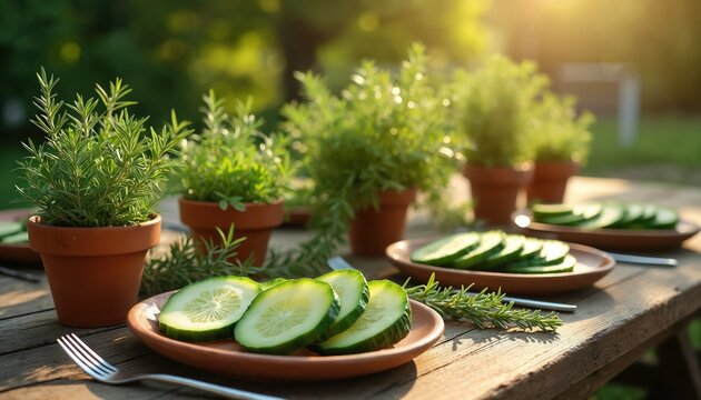 Outdoor table set with potted herbs and sliced cucumbers on rustic wooden surface. Sunny garden ambiance with terracotta dishes and forks ready for meal. - Powered by Adobe