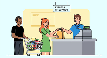Express Checkout Scene: Customer, Groceries, and Smiling Cashier