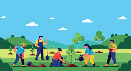 Group of People Planting Trees and Seedlings in a Green Field