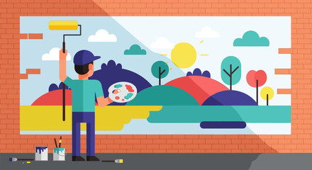 Mural Artist Painting Colorful Landscape on Brick Wall with Roller