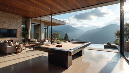 Spacious modern living room with pool table, fireplace, sofas, and panoramic mountain vista through glass walls. An infinity pool with mountain backdrop.