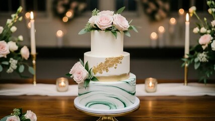 Elegant threetier wedding cake with roses and gold leaf - Powered by Adobe