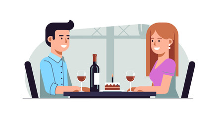 Smiling Couple Enjoying Romantic Dinner with Wine and Cake