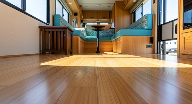 Interior of a Modern RV with Wood Flooring and Natural Light