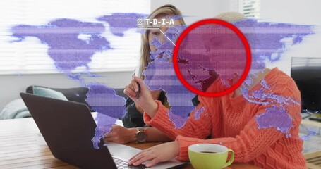 Two colleagues using pencil tapping laptop, launching flight path, planning route on purple overlay