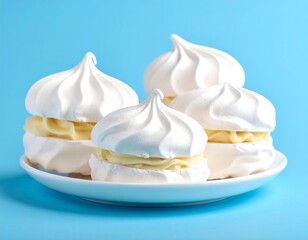 White meringue cookies with creamy filling on a white plate against a light blue background