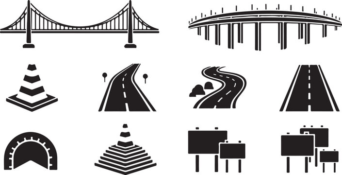 Collection of urban infrastructure and traffic elements including bridges roads cones and signs