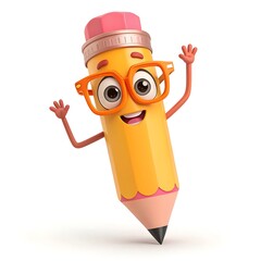 Happy cartoon pencil character with glasses waving excitedly