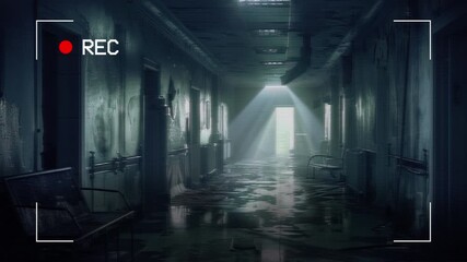 Camera recording creepy corridor. Glitch and creepy ambiance. VHS retro film effect. Horror and mystery loop animation video.
