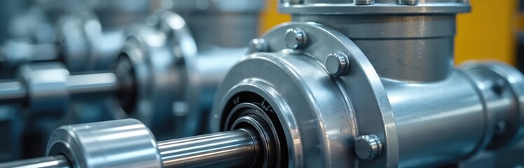 Fototapeta premium Shiny metal pipes and industrial machine parts arranged in a line. Smooth silver surfaces reflect light. Heavy equipment forms a background for tech innovation.