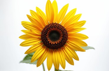 Naklejka premium Artificial sunflower against white backdrop. Vivid yellow petals surround a dark brown center. This realistic bloom offers a bright focal point suitable for design projects and product displays.