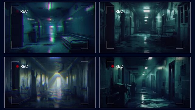 CCTV with recording. Camera surveillance of creepy corridor. Glitch and creepy ambiance. VHS retro film effect. Horror and mystery loop animation video.