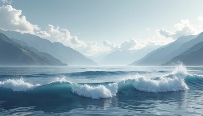 Fototapeta premium Scenic ocean scene. Waves surge in turquoise water. Mountains rise above horizon beneath cloudy sky. Serene landscape inspires relaxation and awe. Coastal view shows power of nature beauty.