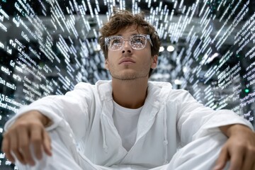 Young man in white clothing reflecting in a digital environment filled with flowing data streams