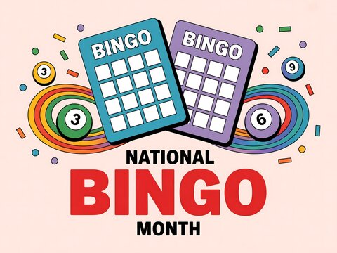 Celebrate national bingo month with colorful bingo cards calling balls and confetti for a fun and exciting gambling game concept - Powered by Adobe