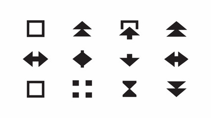 A collection of twelve distinct black geometric icons arranged in a grid pattern on a white background | editable eps vectors silhouette