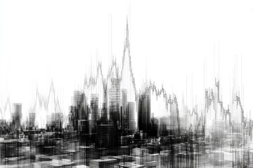 Abstract depiction of a cityscape overlaid with a fluctuating line graph. Monochrome design