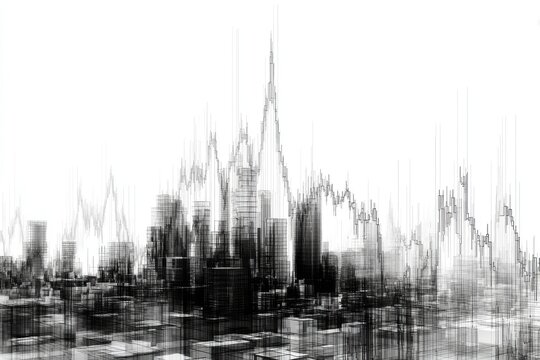 Abstract depiction of a cityscape overlaid with a fluctuating line graph. Monochrome design