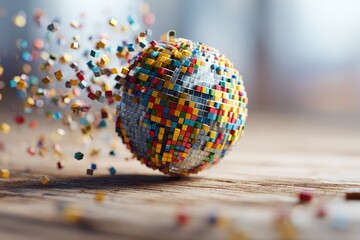 A pixelated globe, breaking apart into colorful cube pieces, on a wooden surface