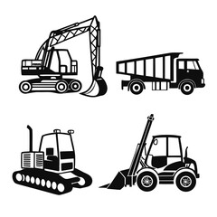 Four black silhouette construction vehicles on white background