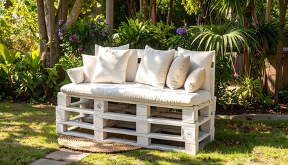 White pallet bench with cream cushions in a garden setting