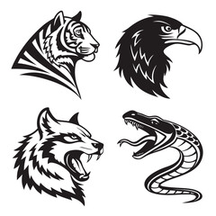 Four black tribal animal vector heads tiger eagle wolf snake