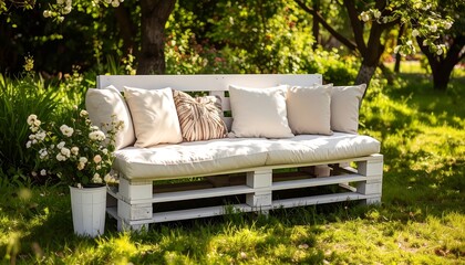 White pallet garden bench in a blossoming orchard