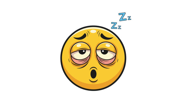 A very tired and sleepy yellow emoji with red eyes dark bags and Zzz symbols.