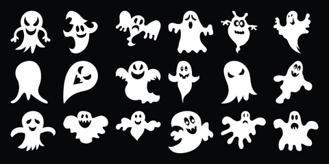 Collection of White Ghost Icons with Various Expressions on Black Background