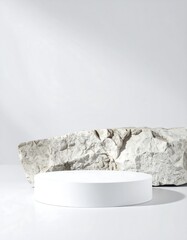 White pedestal with a stone backdrop. Soft light illuminates the scene