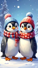 Fototapeta premium Two cute penguins in winter wear, standing side-by-side in snowy forest
