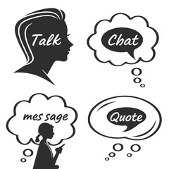 Four black silhouette speech bubbles with text talk