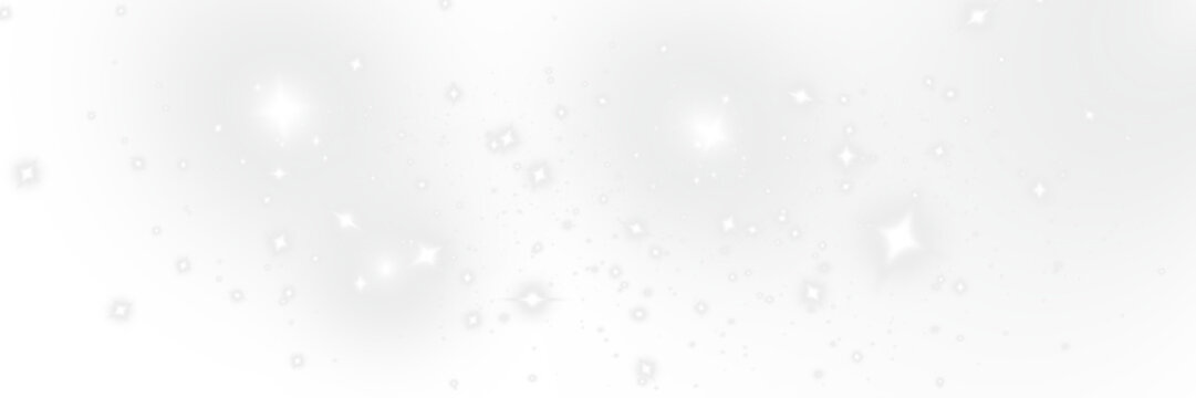 Sparkling white glitter with glowing stars and bubbles on transparent background