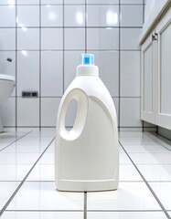 White plastic cleaning liquid bottle on tiled bathroom floor