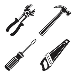 Four black silhouette vector tools on white background