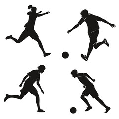 Four black soccer player silhouettes in action with balls