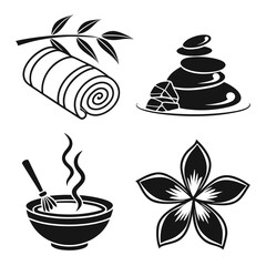 Four black spa element icons bamboo branch rolled towel stacked stones and flower