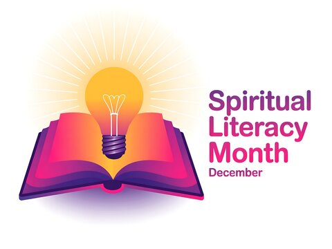 Spiritual literacy month december concept with open book emitting light from a glowing light bulb symbolizing knowledge and wisdom