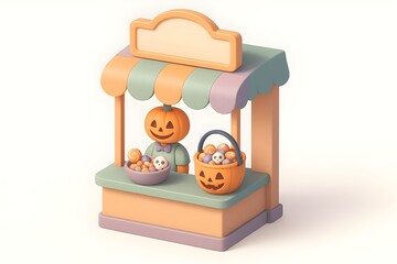 Pastel isometric 3D Halloween candy stand with jack-o -lantern vendor, pumpkin bucket and bowl of sweets under striped awning cute festive booth with blank sign on white background.