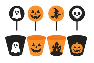 Halloween cupcake toppers and wrappers set with ghost, pumpkin, witch, skull icons in black and orange party decorations on white background.