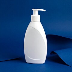 White plastic pump bottle on a deep blue background