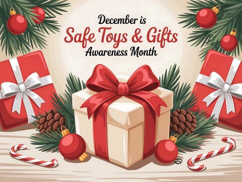 December is safe toys and gifts awareness month with festive holiday decorations and wrapped presents