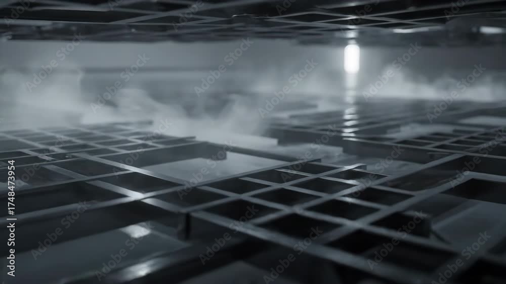 Sticker seamlessly looping video of structured, wispy fog moving through abstract geometric grids creating a